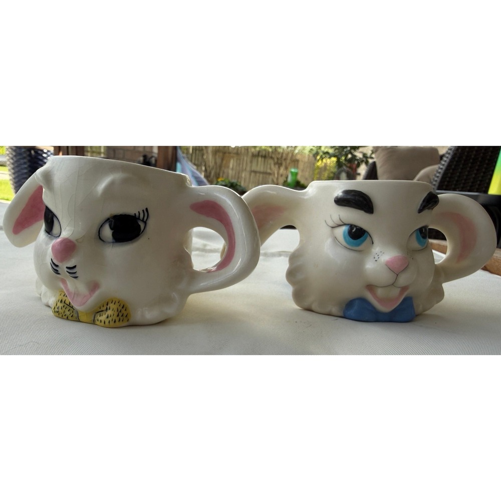 2 Vintage Ceramic Bunny Rabbit MugsTwo Handled Kitschy  Debra MCM